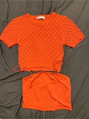 Bright Orange Knit Crop Top + Tube Set